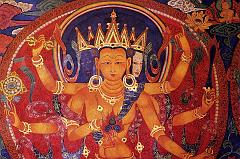 
Along the back wall is the cycle of Akshobhya (Guhyasamaja), the five Tathagatas each with three heads and six arms, garbed in rich bodhisattva ornaments and crowns. On the far left of the wall is my favourite, a beautiful Ratnasambhava, painted in Kashmiri style with the faces and bodies elongated, the waists are very narrow, and the abdomens slightly bulging. They have well-developed, almost breast-like pectoral muscles, although their multiple arms are thin and spidery. Photo - Weyer/Aschoff: Tsaparang, Tibets Grosses Geheimnis,
